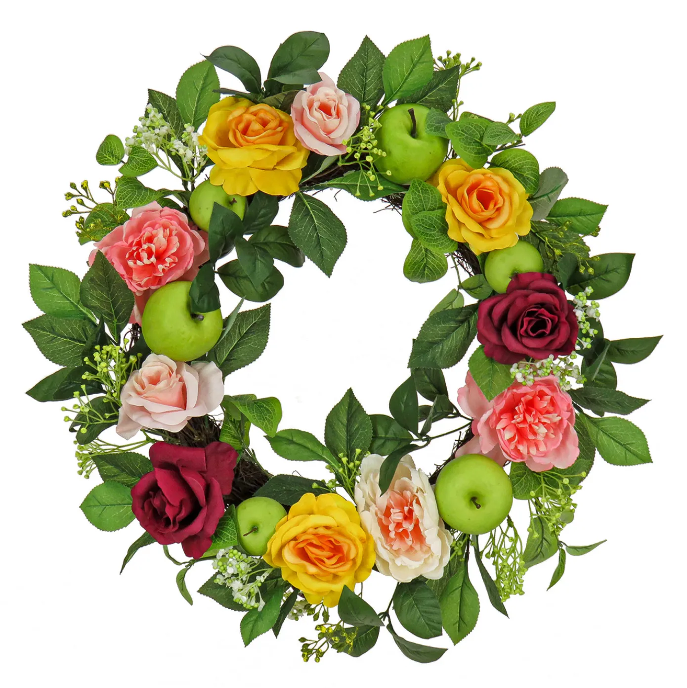 22 in. Spring Wreath with Rose and Peony Blooms, Apples, Leafy Greens