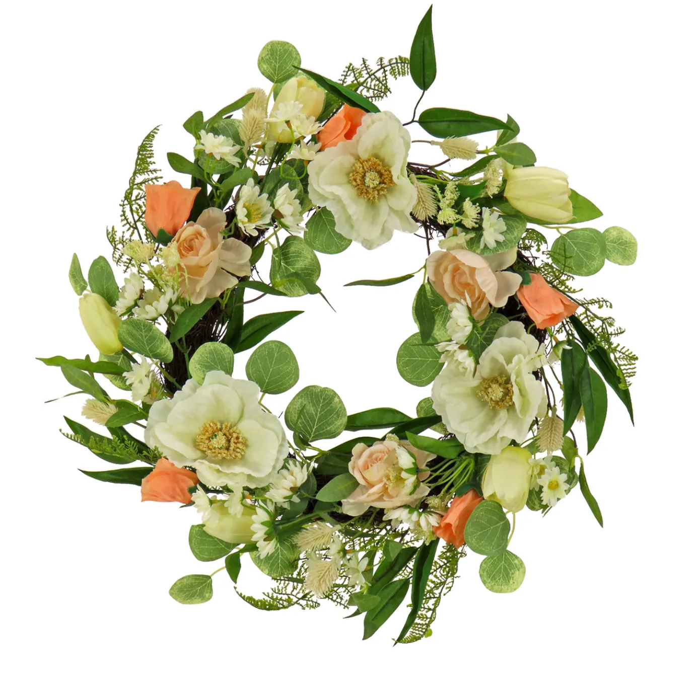 22 in. Spring Wreath with Tulip, Poppy, and Buttercup Blooms