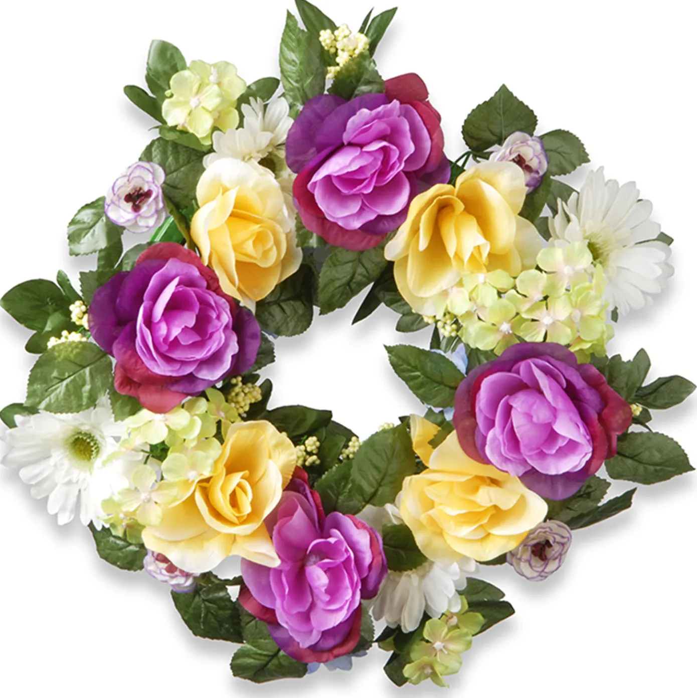 18 in. Spring Wreath with Colorful Daisies, Hydrangeas, Roses, Leafy Greens
