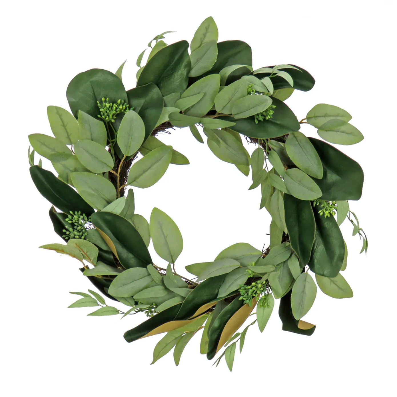 22 in. Spring Wreath with Eucalyptus Leaves, Magnolia Blooms, Flowing Green Stems