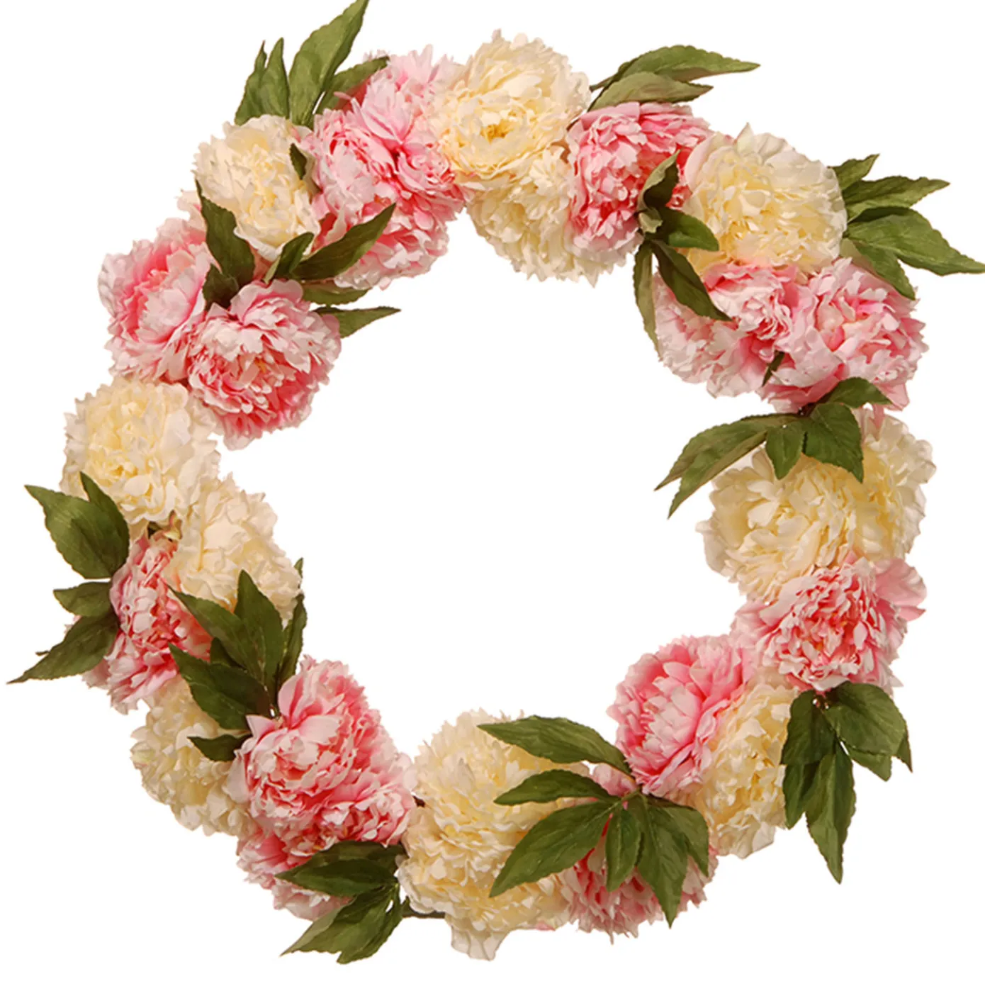 24 in. Spring Wreath with Pink and White Peony Blooms, Leafy Greens