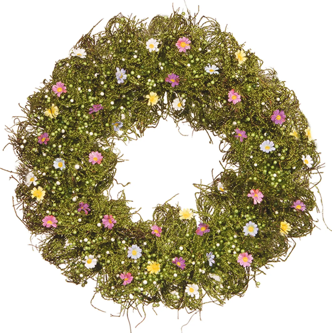 19 in. Spring Wreath with Yellow, White, Pink and Blue Flower Blooms, Green Ivy, Berries