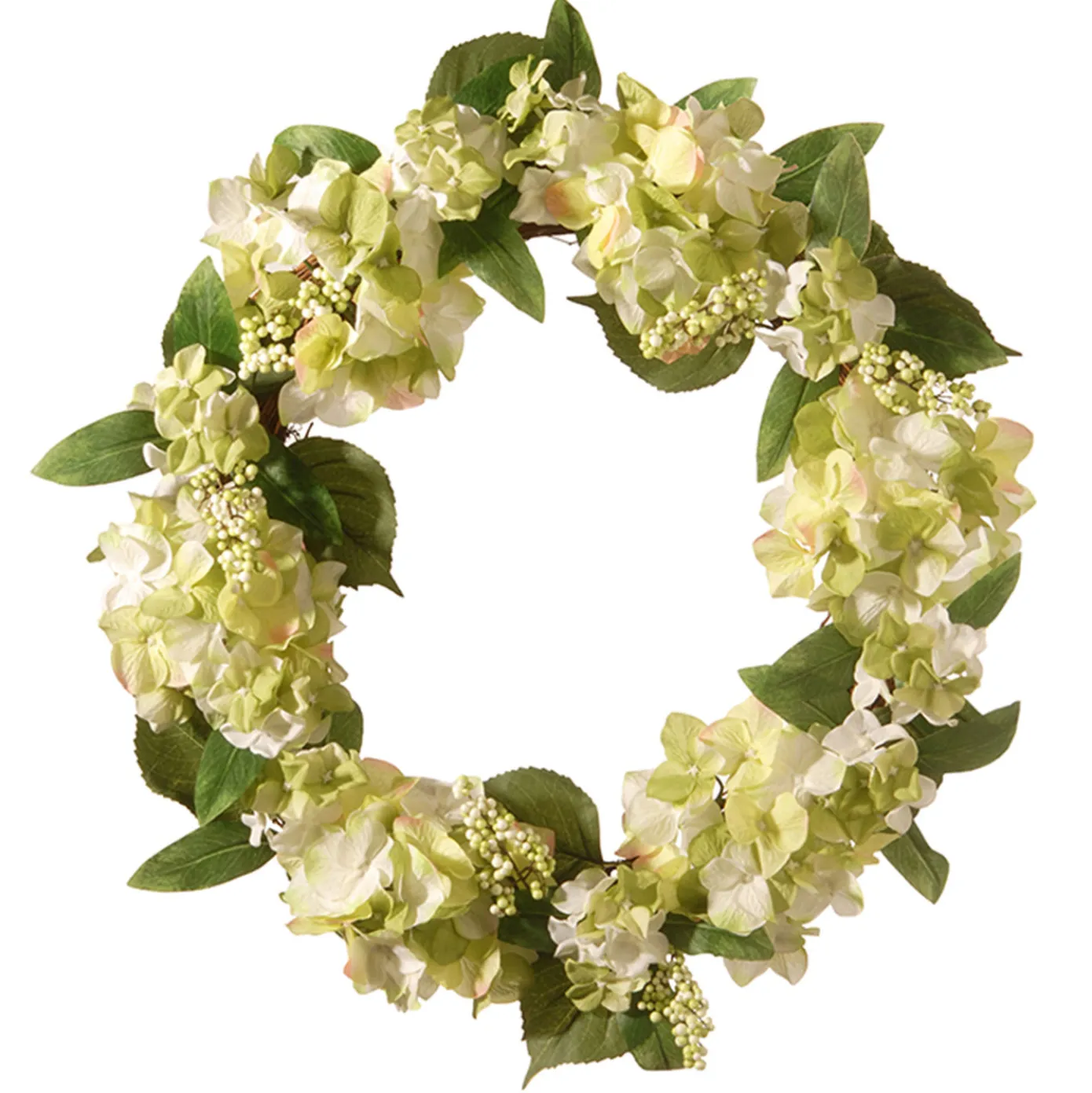 24 in. Spring Wreath with Hydrangea Blooms, Berry Clusters, Leafy Greens