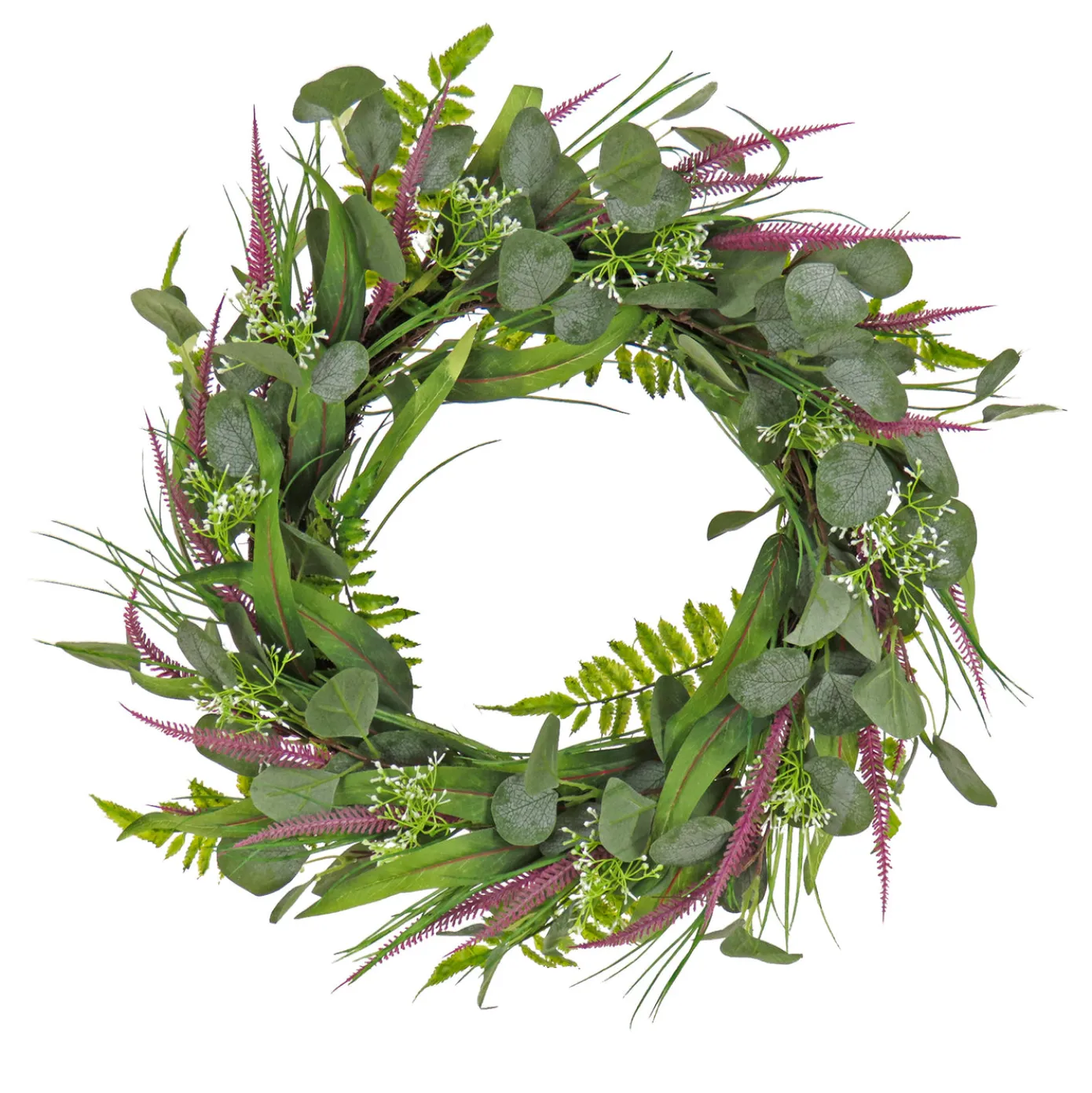 22 in. Spring Wreath with Eucalyptus Leaves, Lavender, Flowing Green Stems
