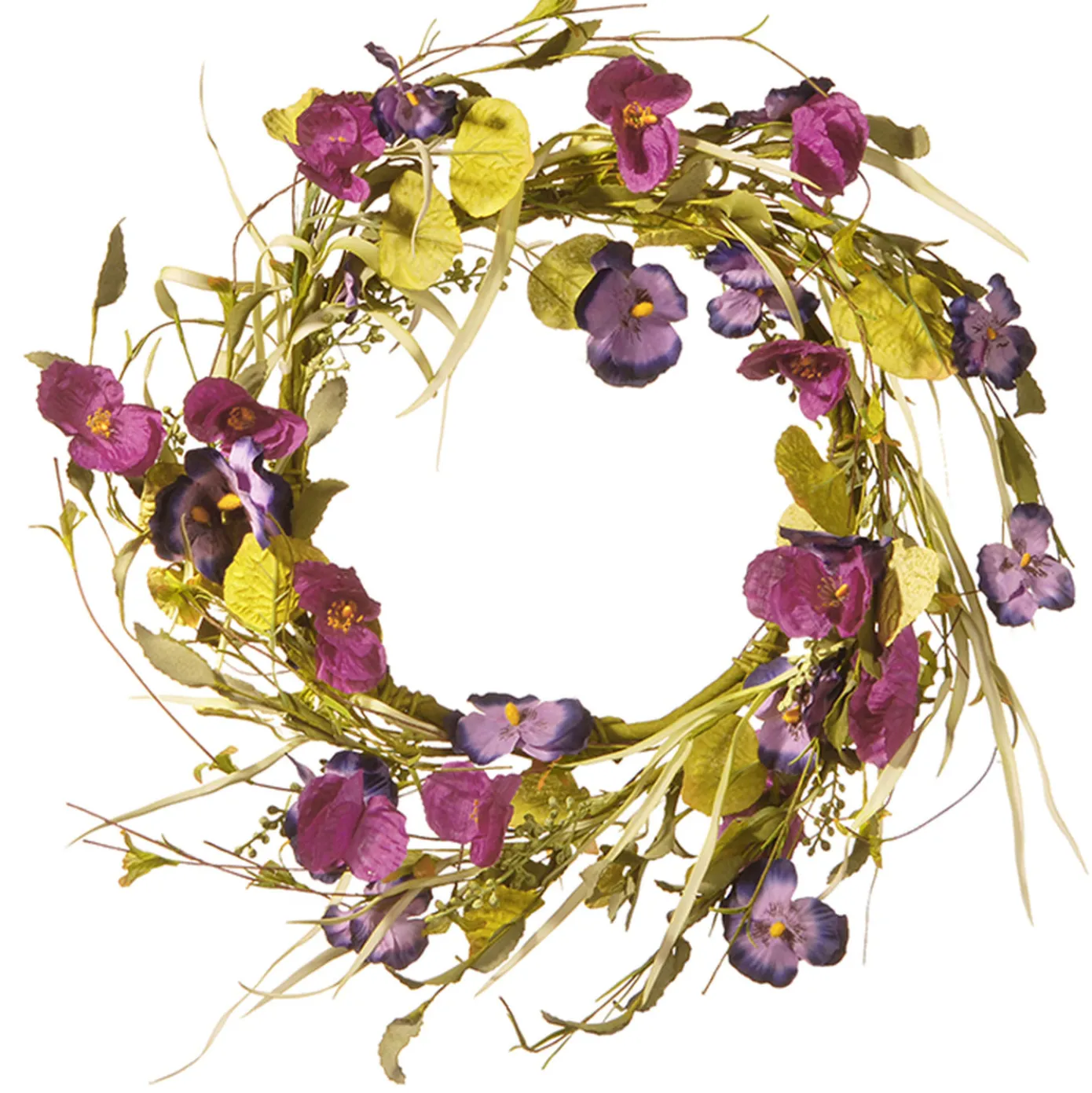 22 in. Spring Wreath with Purple Pansy and Poppy Flowers, Seed Pods, Leafy Greens