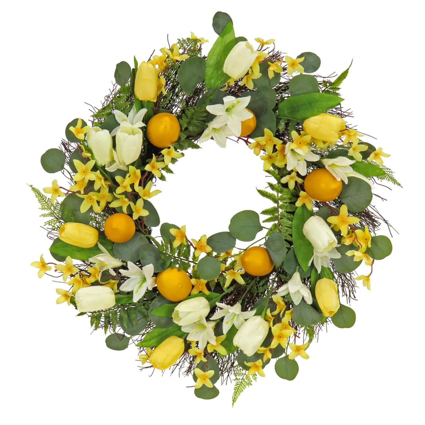 22 in. Spring Wreath with Yellow Tulip Blooms, Lemons, and Forsythia Flower Blossoms