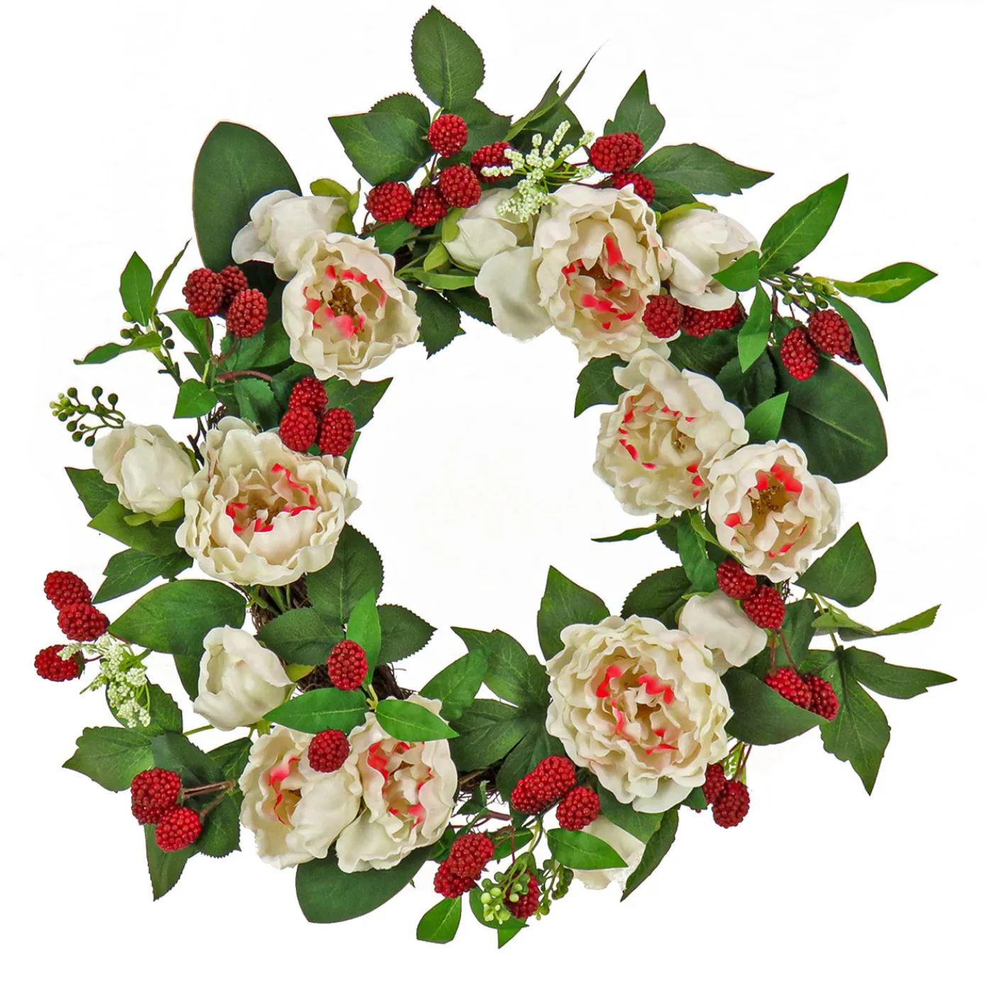 22 in. Spring Wreath with Peony Flowers, Raspberries, and Leafy Greens