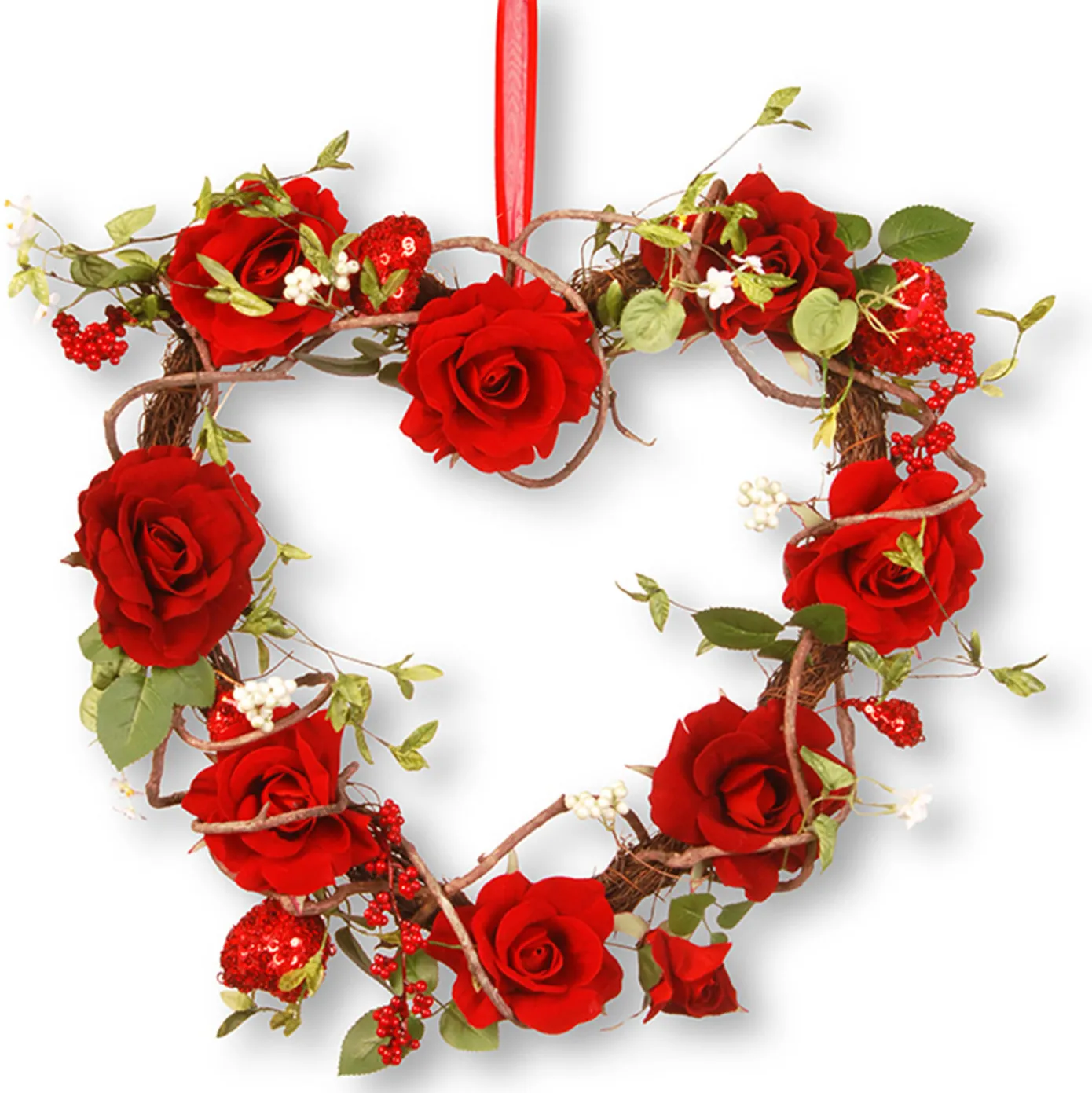 20 in. Valentine's Floral Heart Red Roses Wreath