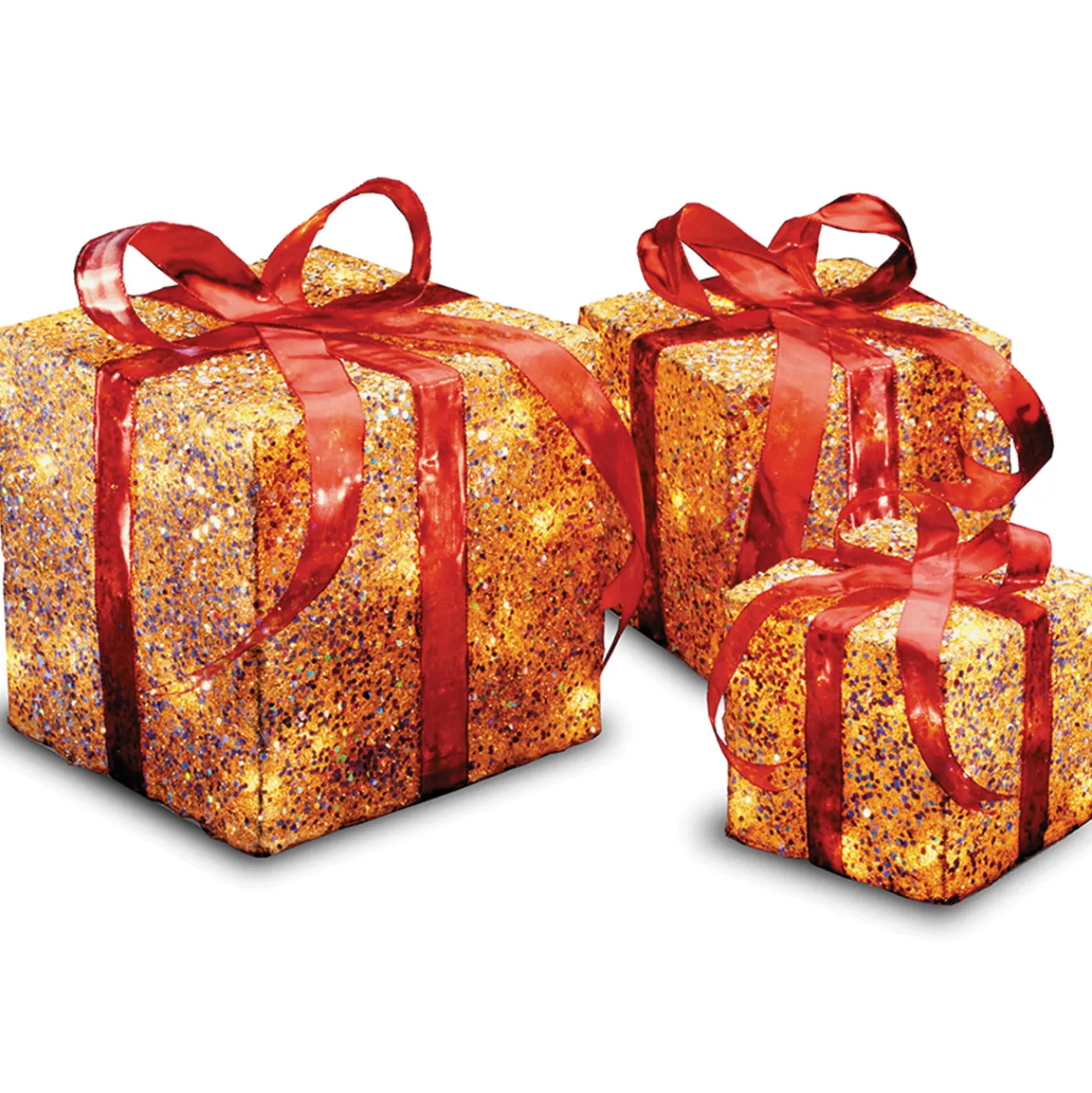 Pre-Lit Gold Gift Box with Red Bow, Set of Three, White Lights