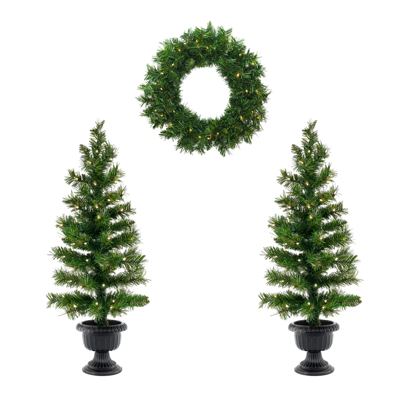 Pre-Lit Warm Welcome Assortment Set of 2 Entrance Trees, 1 Wreath