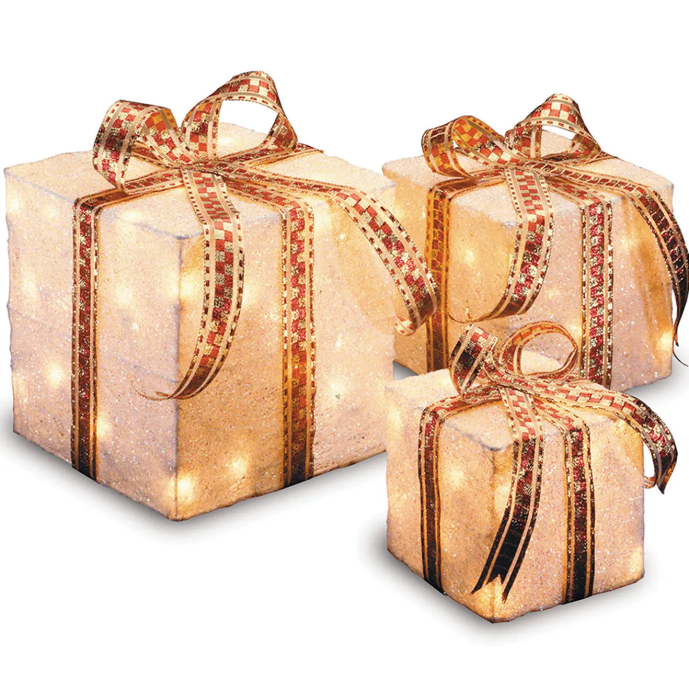 Pre-Lit White and Gold Gift Boxes, Set of Three, White Lights