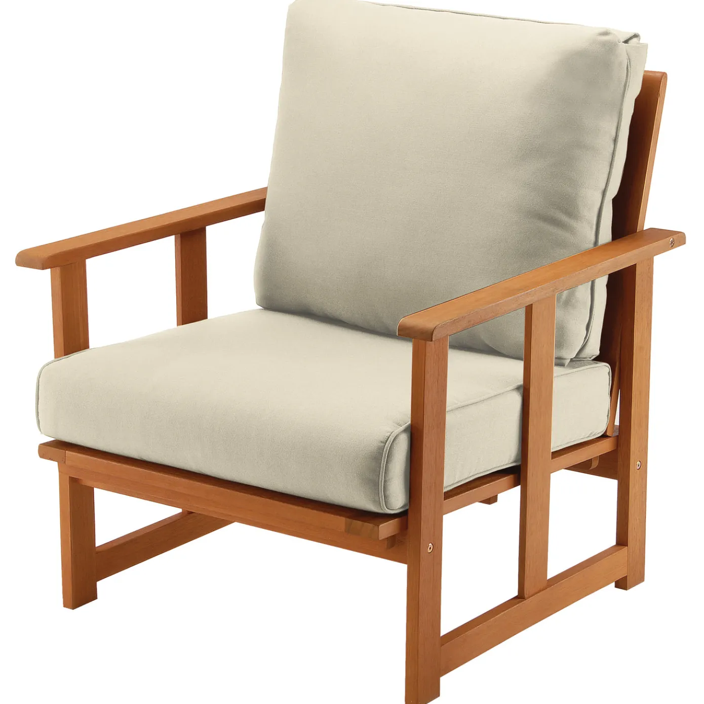 31x31x33 in. Eucalyptus Grandis Wood Club Chair, Natural Color, Beige Cushions